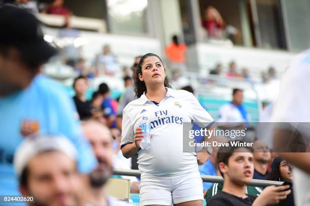 Pregnant Real Madrid fan during the International Champions Cup match between Barcelona and Real Madrid at Hard Rock Stadium on July 29, 2017 in...