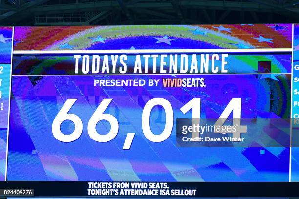 The giant screen shows the matchday attendance during the International Champions Cup match between Barcelona and Real Madrid at Hard Rock Stadium on...