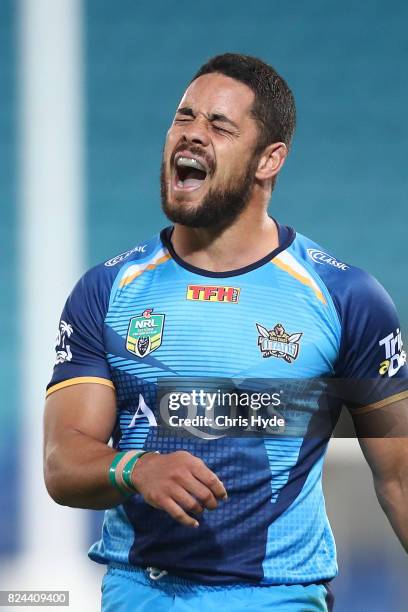 Jarryd Hayne of the Titans reacts during the round 21 NRL match between the Gold Coast Titans and the Wests Tigers at Cbus Super Stadium on July 30,...