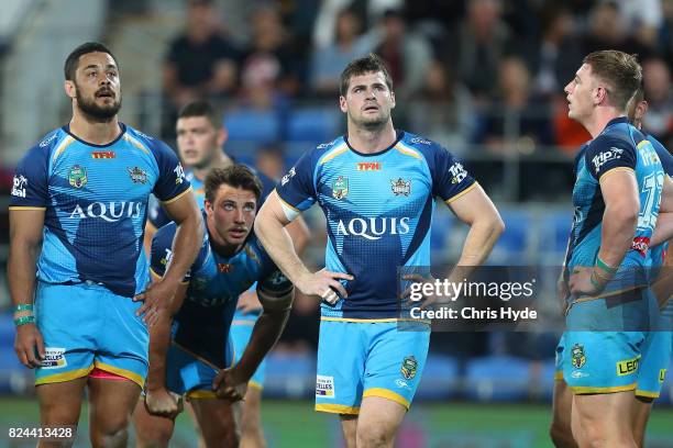 Titans look on during the round 21 NRL match between the Gold Coast Titans and the Wests Tigers at Cbus Super Stadium on July 30, 2017 in Gold Coast,...