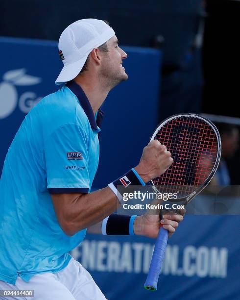 John Isner reacts after defeating Ryan Harrison during the BB&T Atlanta Open at Atlantic Station on July 30, 2017 in Atlanta, Georgia.