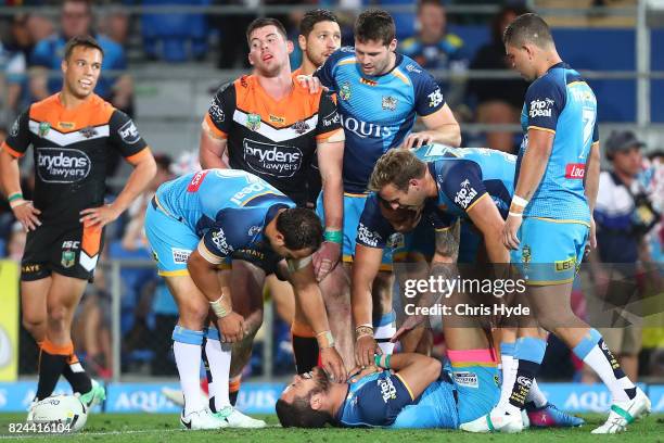 Jarryd Hayne of the Titans after scoring a try during the round 21 NRL match between the Gold Coast Titans and the Wests Tigers at Cbus Super Stadium...