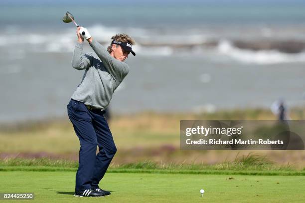 Bernhard Langer of Germany tees off on the 3rd hole during the final round of the Senior Open Championship presented by Rolex at Royal Porthcawl Golf...