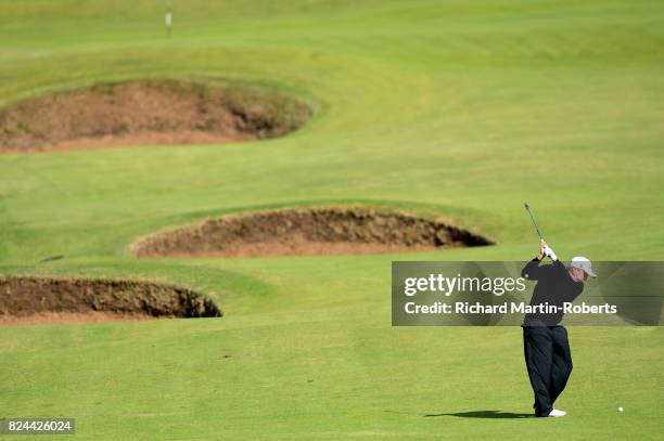 Billy Mayfair of the United States hits his second shot on the 2nd hole during the final round of the Senior Open Championship presented by Rolex at...