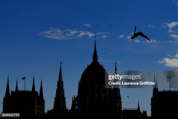 Andy Jones of the United States competes during the Men's high diving on day seventeen of the Budapest 2017 FINA World Championships on July 30, 2017...
