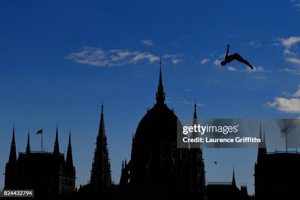 Andy Jones of the United States competes during the Men's high diving on day seventeen of the Budapest 2017 FINA World Championships on July 30, 2017...