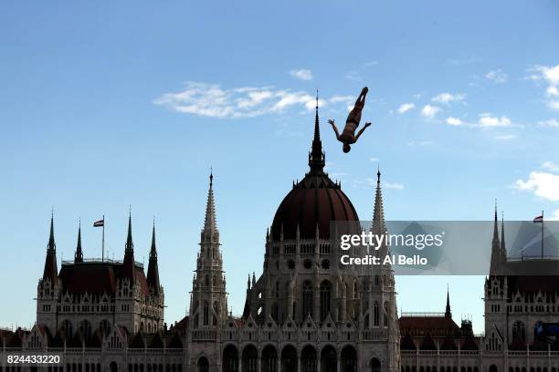 Andy Jones of the United States competes during the Men's High Diving on day seventeen of the Budapest 2017 FINA World Championships on July 30, 2017...