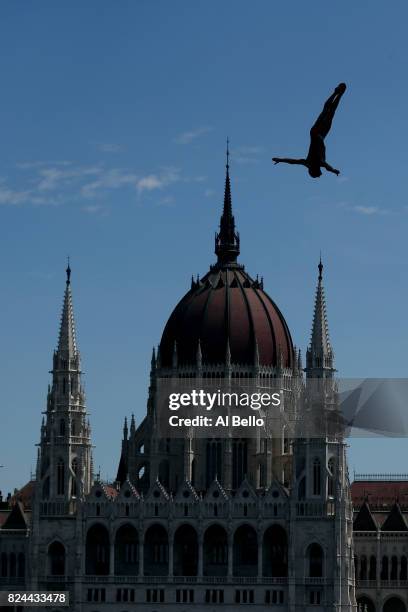 Kris Kolanus of Poland competes during the Men's High Diving on day seventeen of the Budapest 2017 FINA World Championships on July 30, 2017 in...