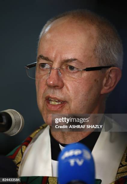 Archbishop of Canterbury, Justin Welby, speaks during a ceremony in Khartoum's All Saints Cathedral on July 30, 2017. - Welby declared Sudan as the...