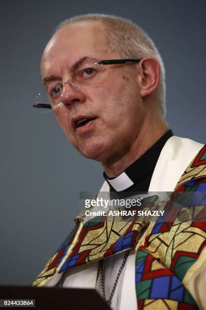 Archbishop of Canterbury, Justin Welby, speaks during a ceremony in Khartoum's All Saints Cathedral on July 30, 2017. - Welby declared Sudan as the...