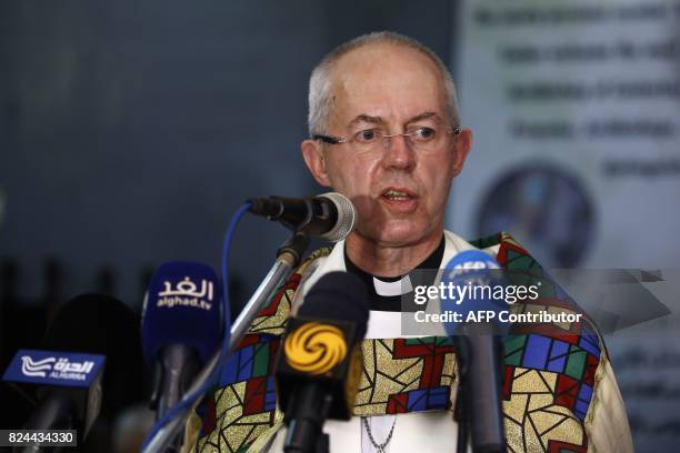 Archbishop of Canterbury, Justin Welby, speaks during a ceremony in Khartoum's All Saints Cathedral on July 30, 2017. Welby declared Sudan as the...