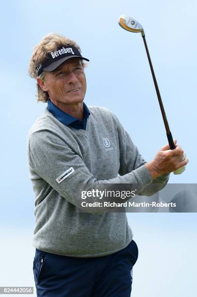 Bernhard Langer of Germany tees off on the 10th hole during the final round of the Senior Open Championship presented by Rolex at Royal Porthcawl...