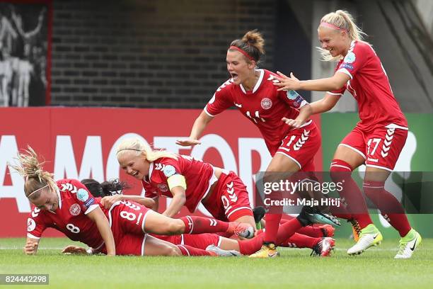 Theresa Nielsen of Denmark celebrates scoring her sides second goal with her Denmark team mates during the UEFA Women's Euro 2017 Quarter Final match...