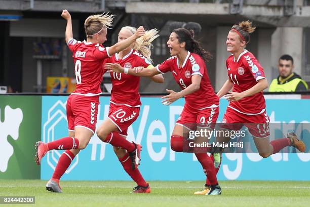 Theresa Nielsen of Denmark celebrates scoring her sides second goal with her Denmark team mates during the UEFA Women's Euro 2017 Quarter Final match...