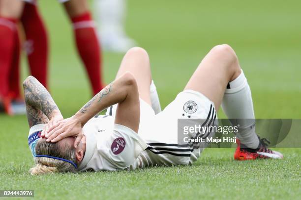 Almuth Schult of Germany is dejected after the UEFA Women's Euro 2017 Quarter Final match between Germany and Denmark at Sparta Stadion on July 30,...