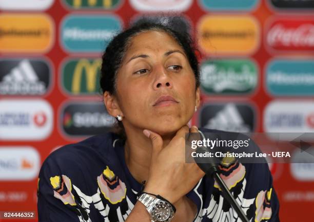 Steffi Jones, head coach of Germany speaks to the media during a press confrence after the UEFA Women's Euro 2017 Quarter Final match between Germany...