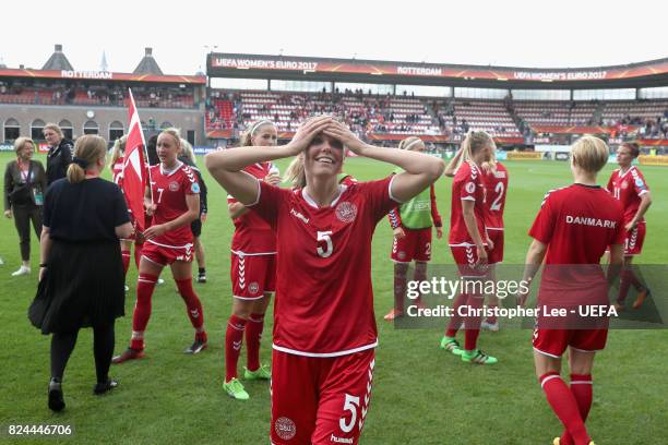 Simone Boye Sørensen of Denmark celebrates victory after the UEFA Women's Euro 2017 Quarter Final match between Germany and Denmark at Sparta Stadion...