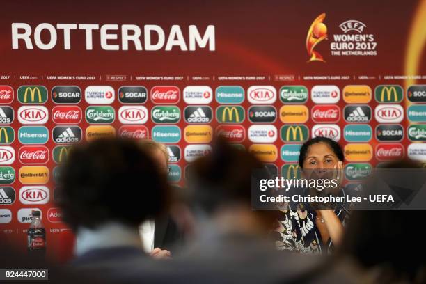 Steffi Jones, head coach of Germany speaks to the media during a press confrence after the UEFA Women's Euro 2017 Quarter Final match between Germany...