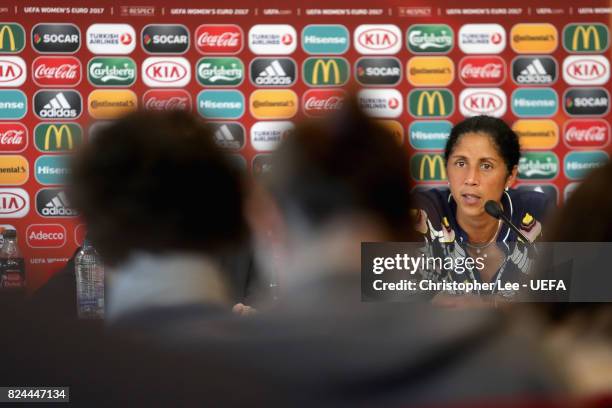Steffi Jones, head coach of Germany speaks to the media during a press confrence after the UEFA Women's Euro 2017 Quarter Final match between Germany...