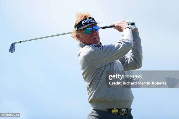 Miguel Angel Jimenez of Spain tees off on the 10th hole during the final round of the Senior Open Championship presented by Rolex at Royal Porthcawl...