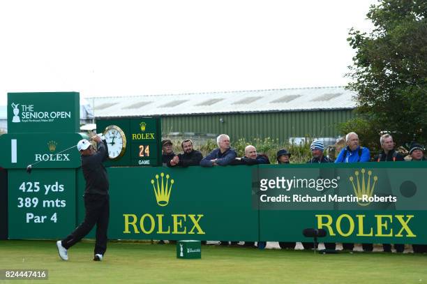 Billy Andrade of the United States tees off on the 1st hole during the final round of the Senior Open Championship presented by Rolex at Royal...