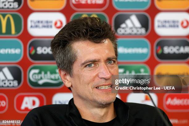 Nils Nielsen, head coach of Denmark speaks to the media during a press confrence after the UEFA Women's Euro 2017 Quarter Final match between Germany...