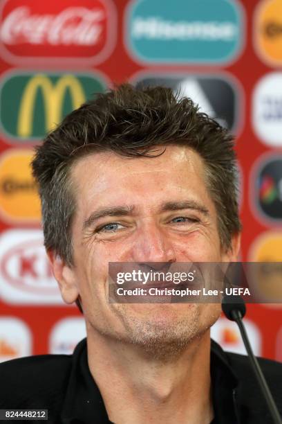 Nils Nielsen, head coach of Denmark speaks to the media during a press confrence after the UEFA Women's Euro 2017 Quarter Final match between Germany...