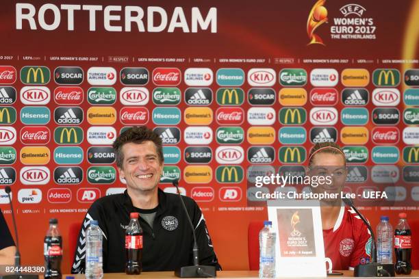 Nils Nielsen, head coach of Denmark speaks to the media during a press confrence after the UEFA Women's Euro 2017 Quarter Final match between Germany...