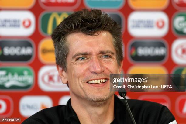 Nils Nielsen, head coach of Denmark speaks to the media during a press confrence after the UEFA Women's Euro 2017 Quarter Final match between Germany...