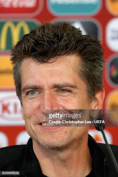 Nils Nielsen, head coach of Denmark speaks to the media during a press confrence after the UEFA Women's Euro 2017 Quarter Final match between Germany...