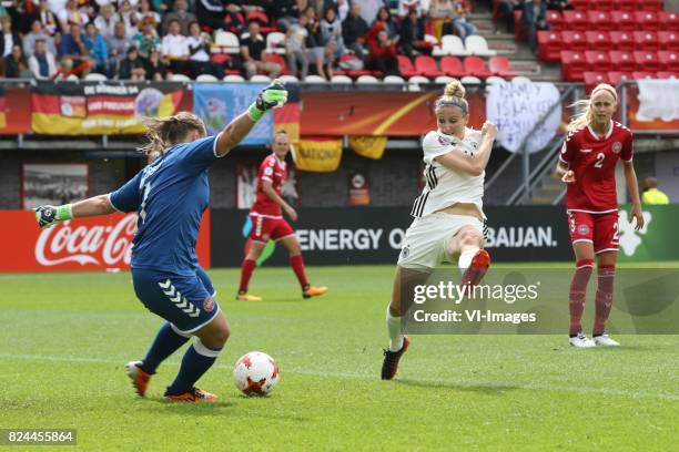 Goalkeeper Stina Lykke Petersen of Denmark women, Anja Mittag of Germany women during the UEFA WEURO 2017 quarter finale match between Germany and...