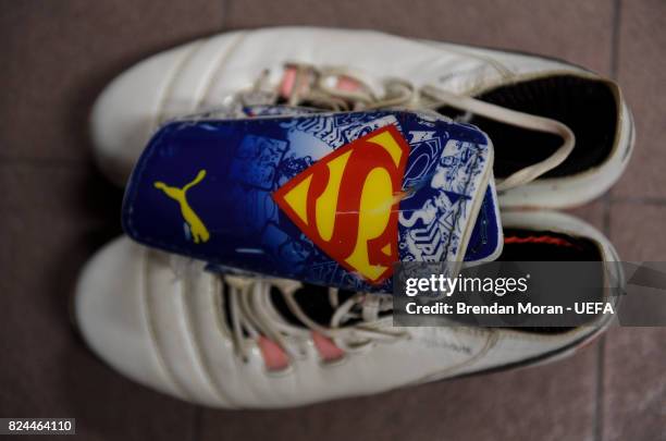 The boots and shinguards of Stefanie Enzinger in the Austria dressingroom prior to the UEFA Women's EURO 2017 Quarter-final match between the Austria...