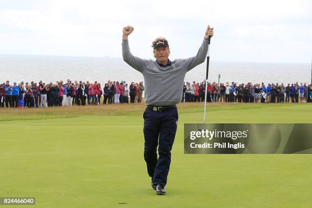 Bernhard Langer of Germany in action during the final round of the Senior Open Championship at Royal Porthcawl Golf Club on July 30, 2017 in...