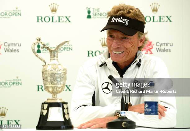 Bernhard Langer of Germany answers questions from the media with the Senior Claret Jug following his victory during the final round of the Senior...