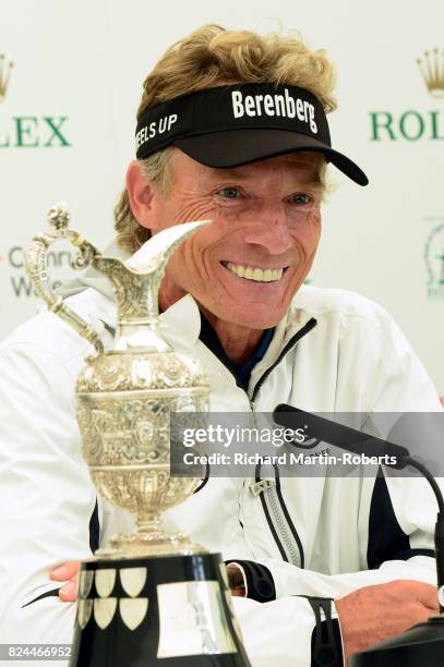 Bernhard Langer of Germany answers questions from the media with the Senior Claret Jug following his victory during the final round of the Senior...
