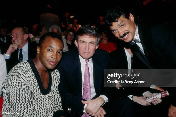 Boxer Sugar Ray Leonard Businessman Donald Trump and Boxer Alexis Arguello at Tyson vs Spinks Convention Hall in Atlantic City, New Jersey June 27...