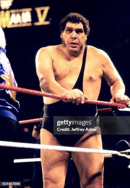 Wrestler André René Roussimoff best known as Andre The Giant in the ring at Wrestlemania V at Convention Hall in Atlantic City, New Jersey April 22...