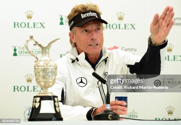 Bernhard Langer of Germany answers questions from the media with the Senior Claret Jug following his victory during the final round of the Senior...