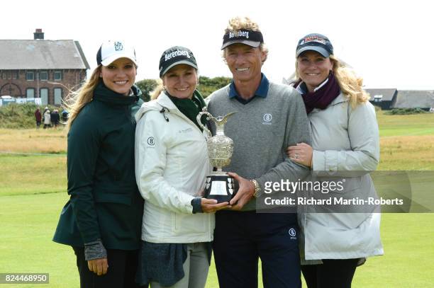 Bernhard Langer of Germany holds the Senior Claret Jug with his wife Vikki Carol and daughters Christina and Jackie following his victory during the...