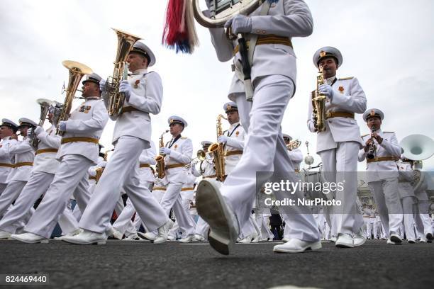 Russian sailors parade on Russia's Navy Day the Main Naval Parade to mark Russian Navy Day in St. Petersburg, Russia, on 30 July 2017.