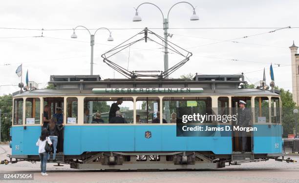 Vintage bogie tram on line 12 takes tourists on a ride on July 30, 2017 in Gothenburg, Sweden. The second biggest city in Sweden, Gothenburg attracts...