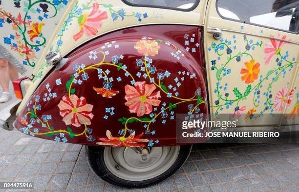 Details of a 2 CV are pictured at a camping site in Ericeira during the World 2017 2CV Meeting July 30, 2017. - The event is held between the 26th...