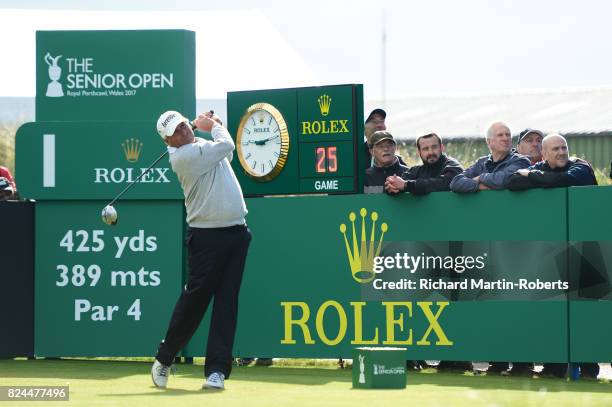 Fred Couples of the United States tees off on the 1st hole during the final round of the Senior Open Championship presented by Rolex at Royal...