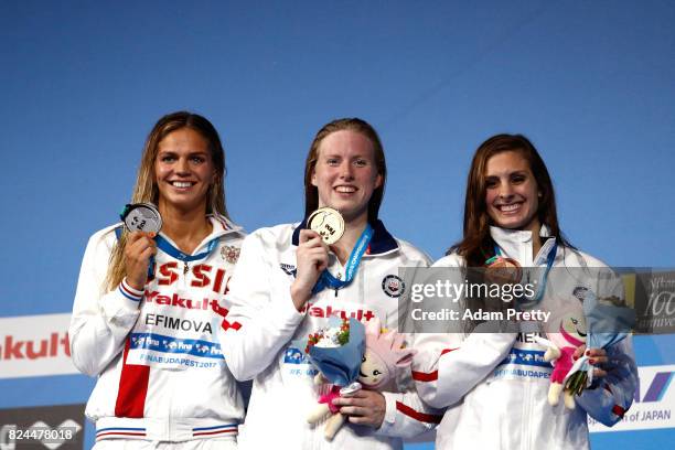 Silver medalist Yuliya Efimova of Russia gold medalist Lilly King of the United States and bronze medalist Katie Meili of the United States pose with...