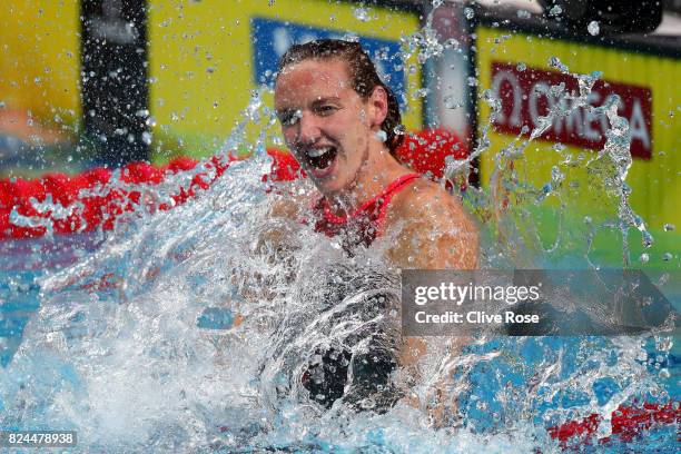 Katinka Hosszu of Hungary celebrates victory in the Women's 400m Individual Medley on day seventeen of the Budapest 2017 FINA World Championships on...