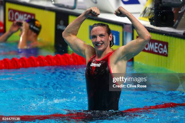 Katinka Hosszu of Hungary celebrates victory in the Women's 400m Individual Medley on day seventeen of the Budapest 2017 FINA World Championships on...