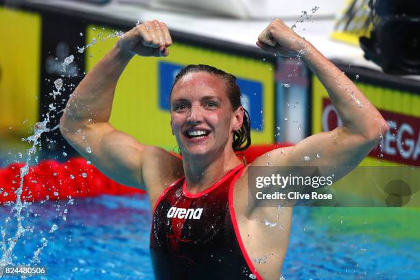 Katinka Hosszu of Hungary celebrates victory in the Women's 400m Individual Medley on day seventeen of the Budapest 2017 FINA World Championships on...