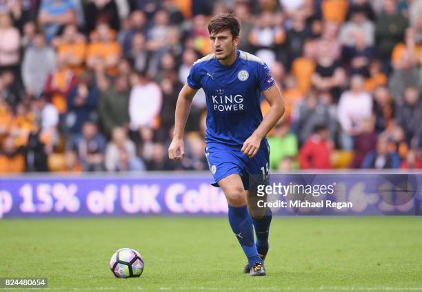 Harry Maguire of Leicester in action during the pre-season friendly match between Wolverhampton Wanderers and Leicester City at Molineux on July 29,...