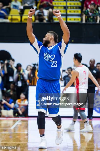 Justin Anderson of American Professional Nike Rising Star Team, player of Philadelphia 76ers, reacts during Yao Foundation Charity Tour match between...
