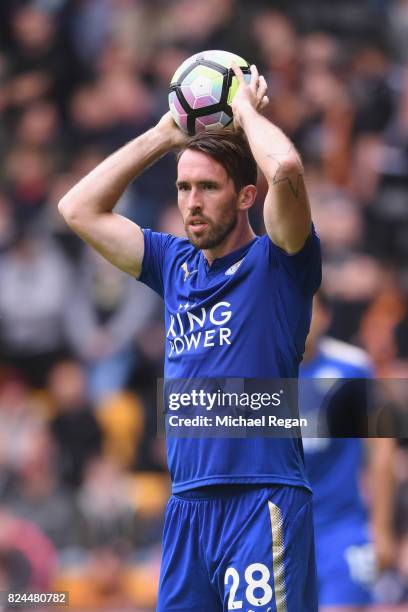 Christian Fuchs of Leicester in action during the pre-season friendly match between Wolverhampton Wanderers and Leicester City at Molineux on July...